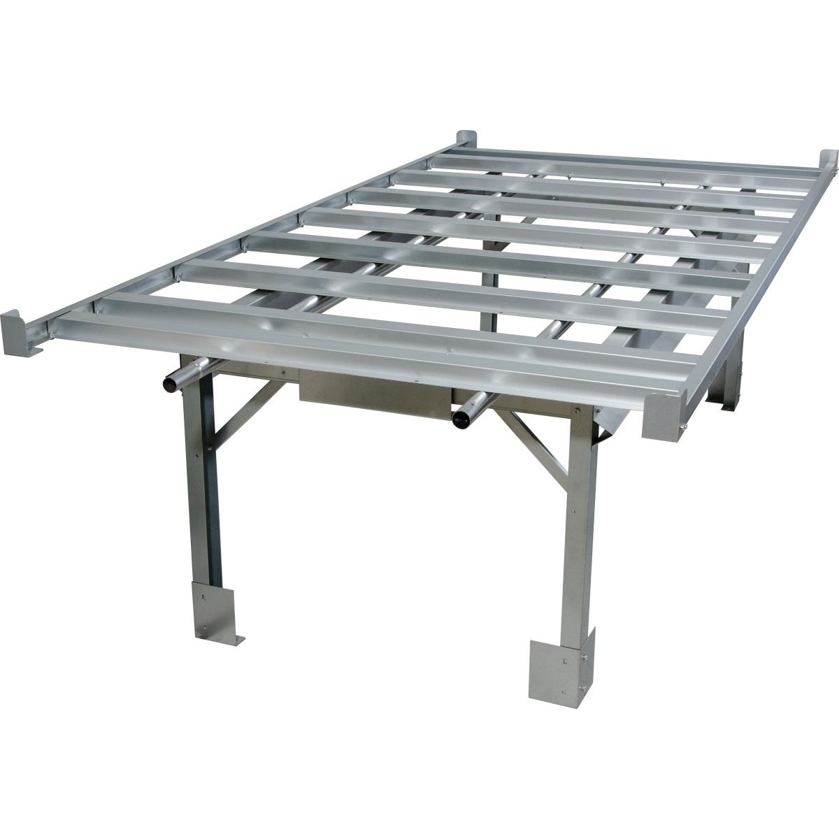 ActiveAqua 4x8ft rolling bench system, aluminum frame with multiple support beams and adjustable legs.