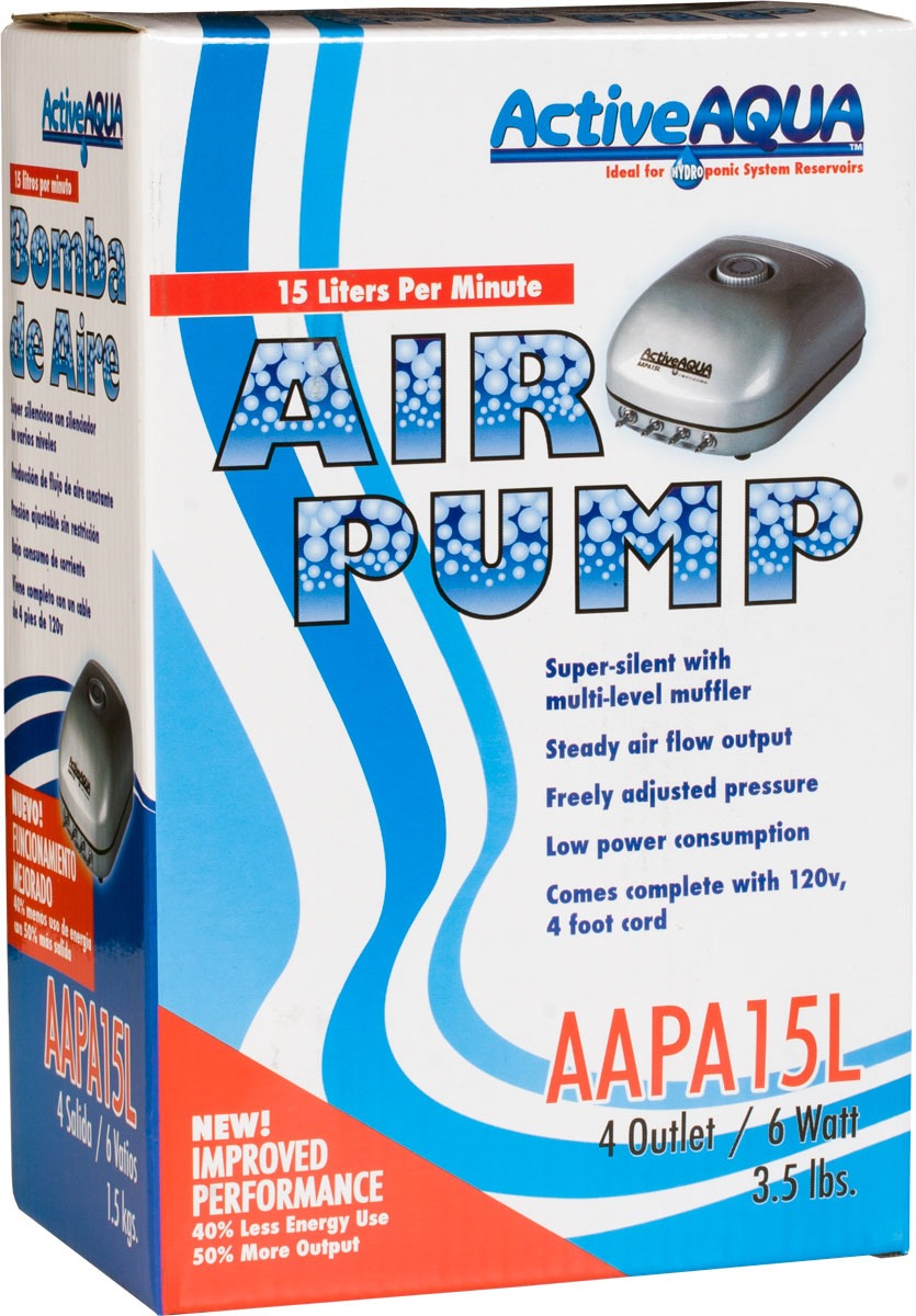 Active AQUA 6 Watt air pump, 15 Liters/Minute, 4 outlets, blue bubble design, silver pump.