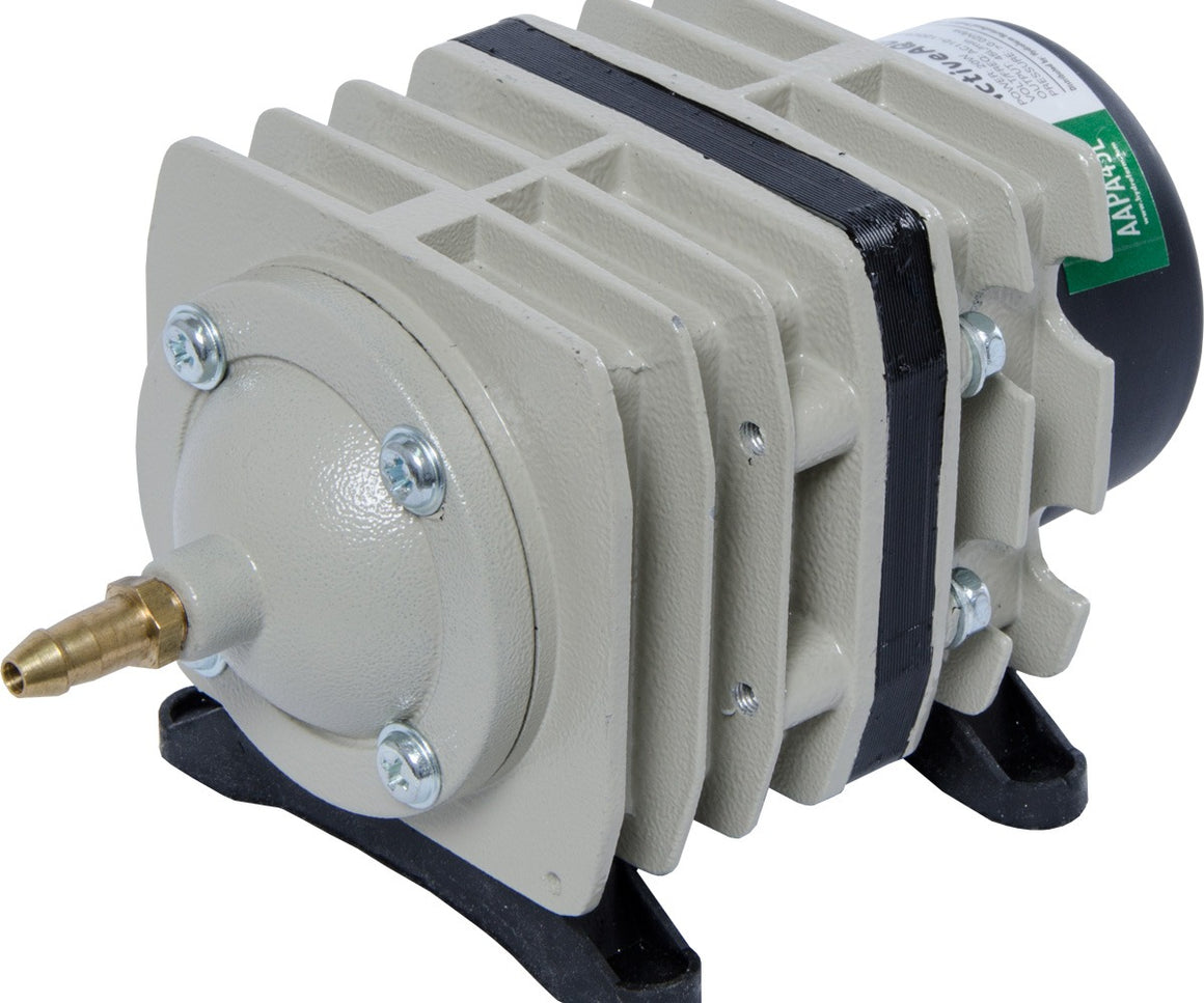 Light grey air pump with black accents and brass nozzle, labeled "ActiveAqua AAPA45L".