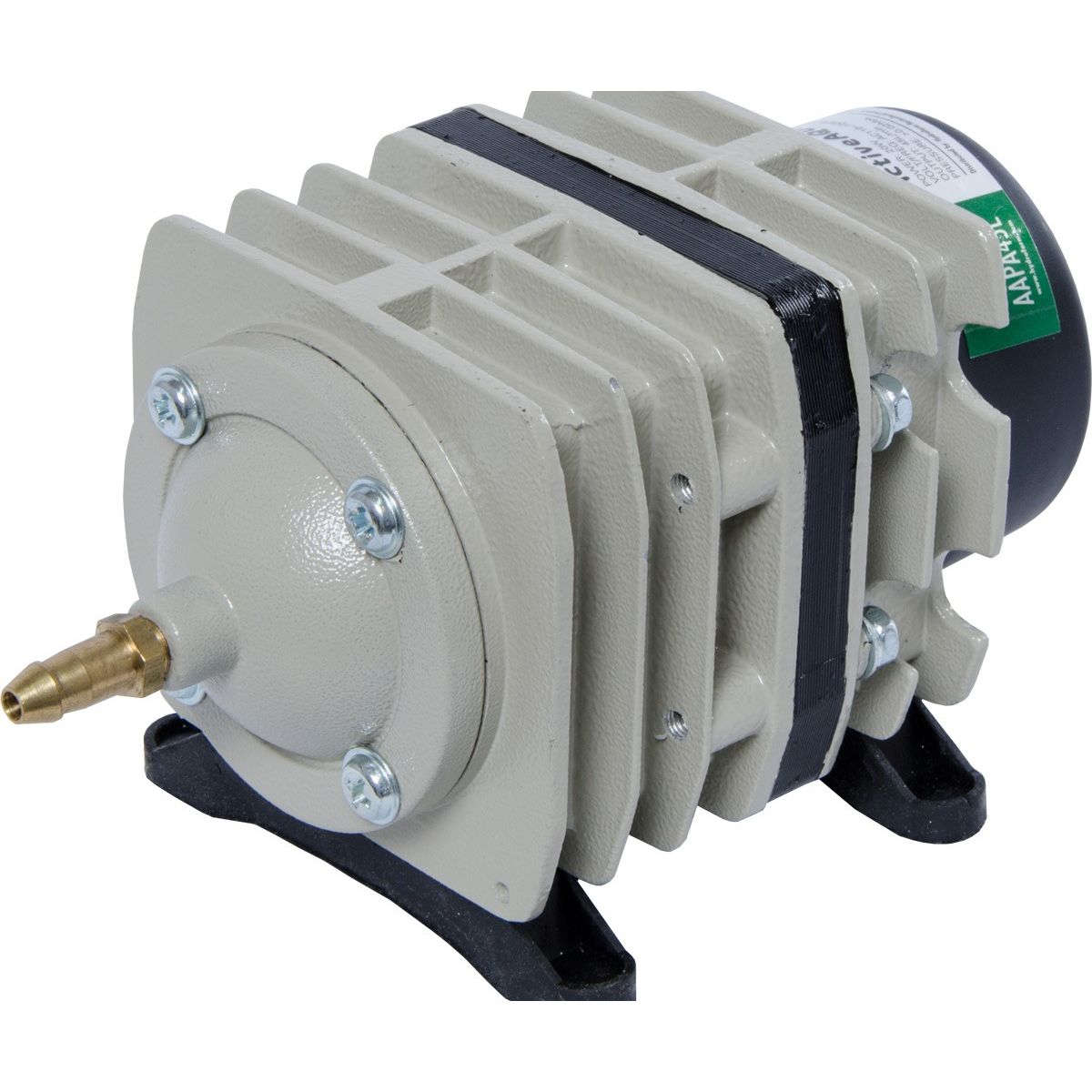Light grey air pump with black accents and brass nozzle, labeled "ActiveAqua AAPA45L".