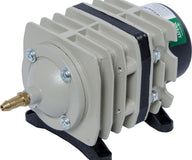 Light grey air pump with black accents and brass nozzle, labeled 