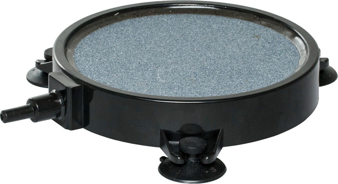 Black aquarium air stone with gray porous disc, nozzle, and suction cups.