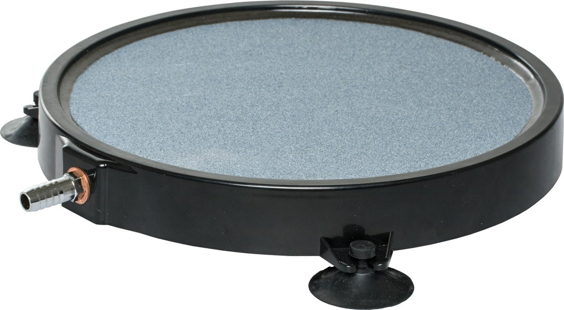 Round black air stone with grey textured surface, barbed hose fitting, and two suction cups.