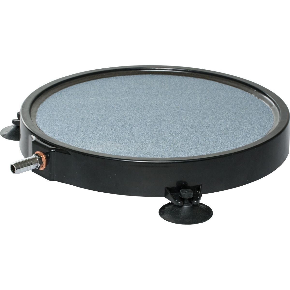 Round black air stone with grey textured surface, barbed hose fitting, and two suction cups.