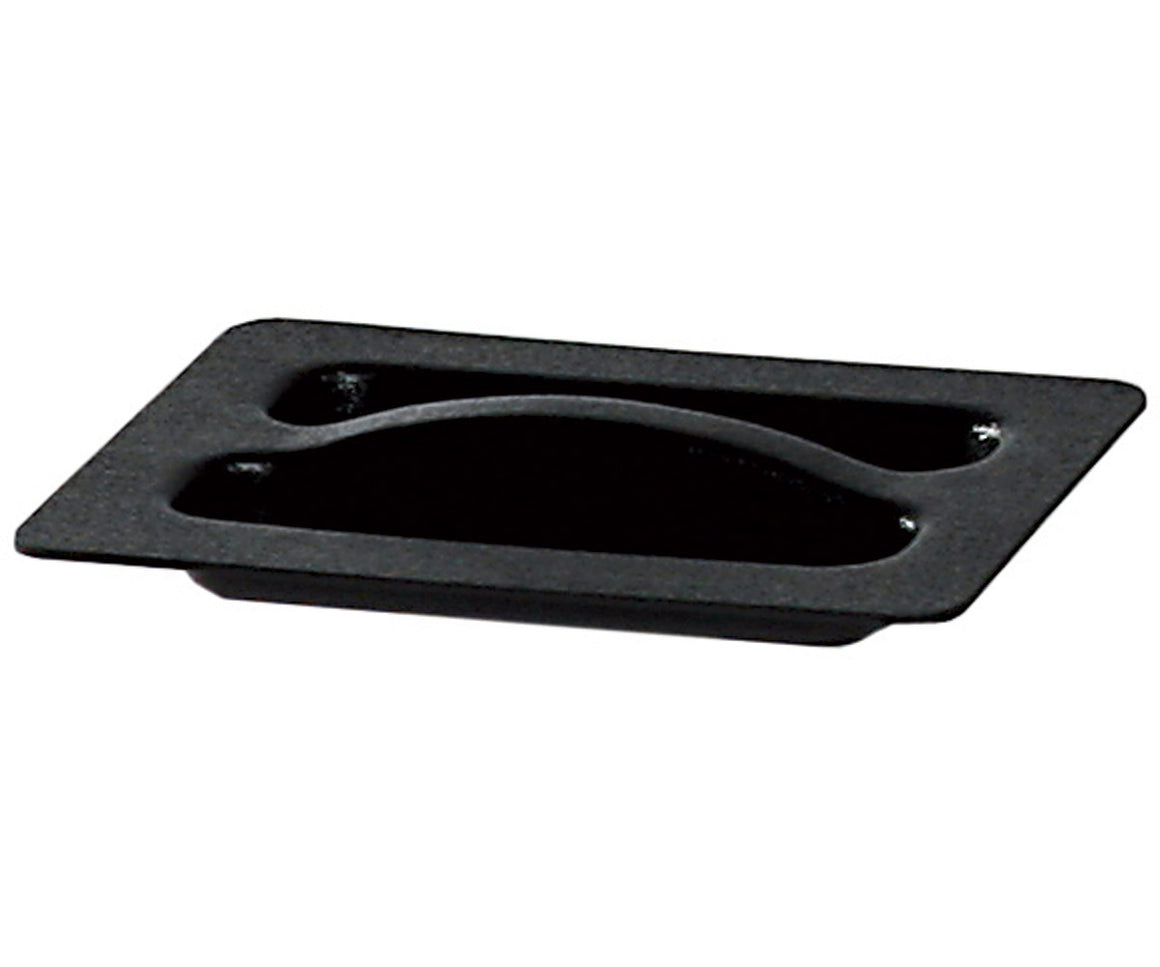 Black porthole cover with curved handle, rectangular with beveled edges.