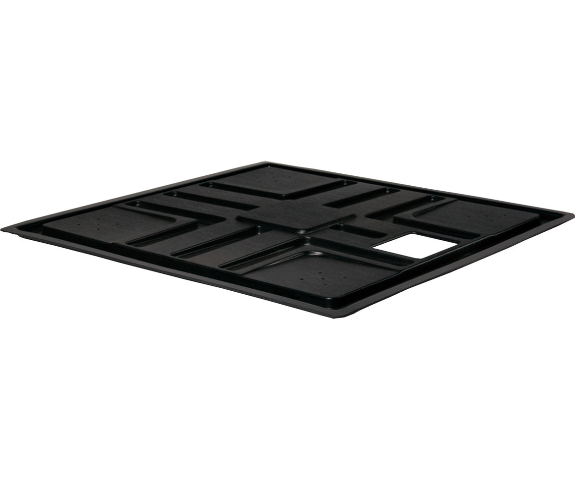 Black plastic reservoir cover with grid pattern and square cutout, isolated on white.