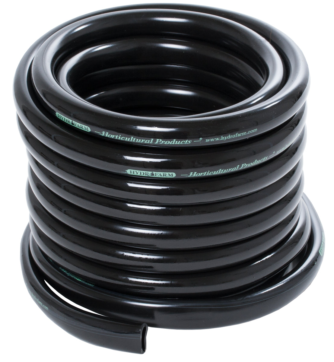 Black Hydrofarm Horticultural Products tubing, coiled on a white background, with text on the tubing.