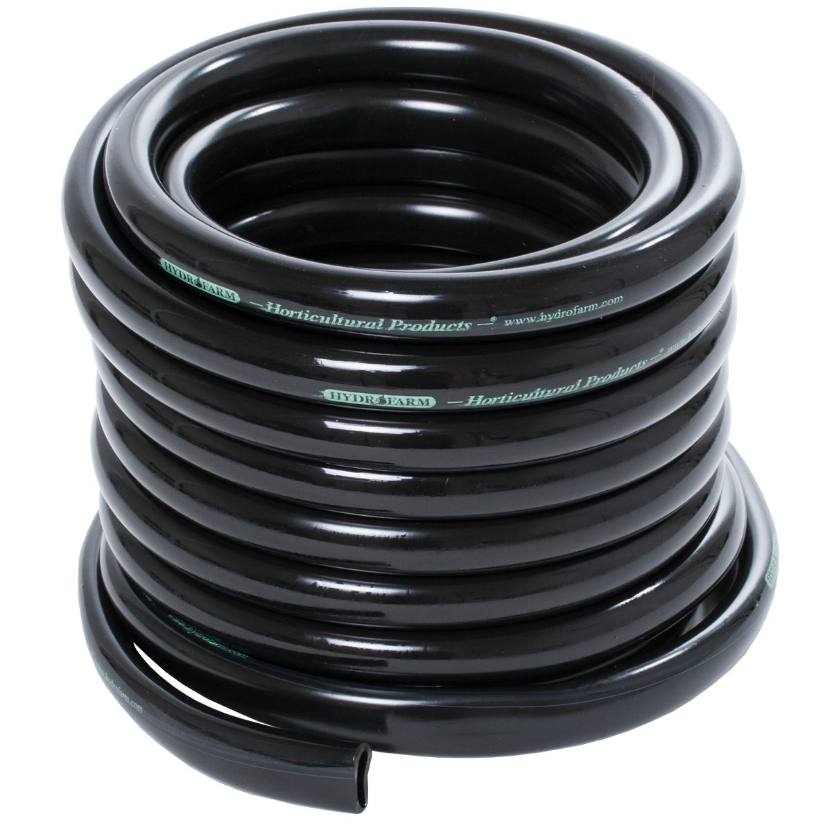 Black Hydrofarm Horticultural Products tubing, coiled on a white background, with text on the tubing.