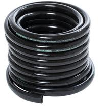 Black Hydrofarm Horticultural Products tubing, coiled on a white background, with text on the tubing.