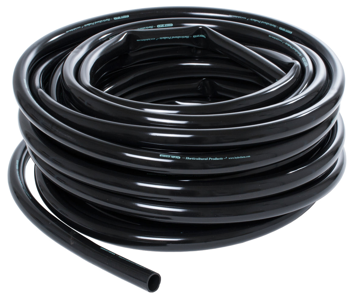A coiled black horticultural tubing with text "Hydrofarm Horticultural Products www.hydrofarm.com" visible.