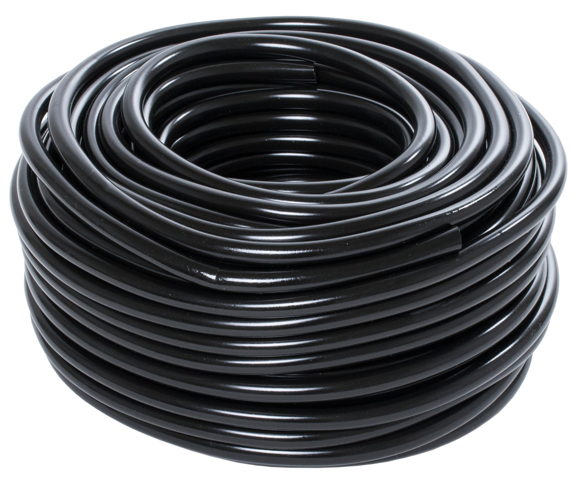 Black tubing coiled on a white background.