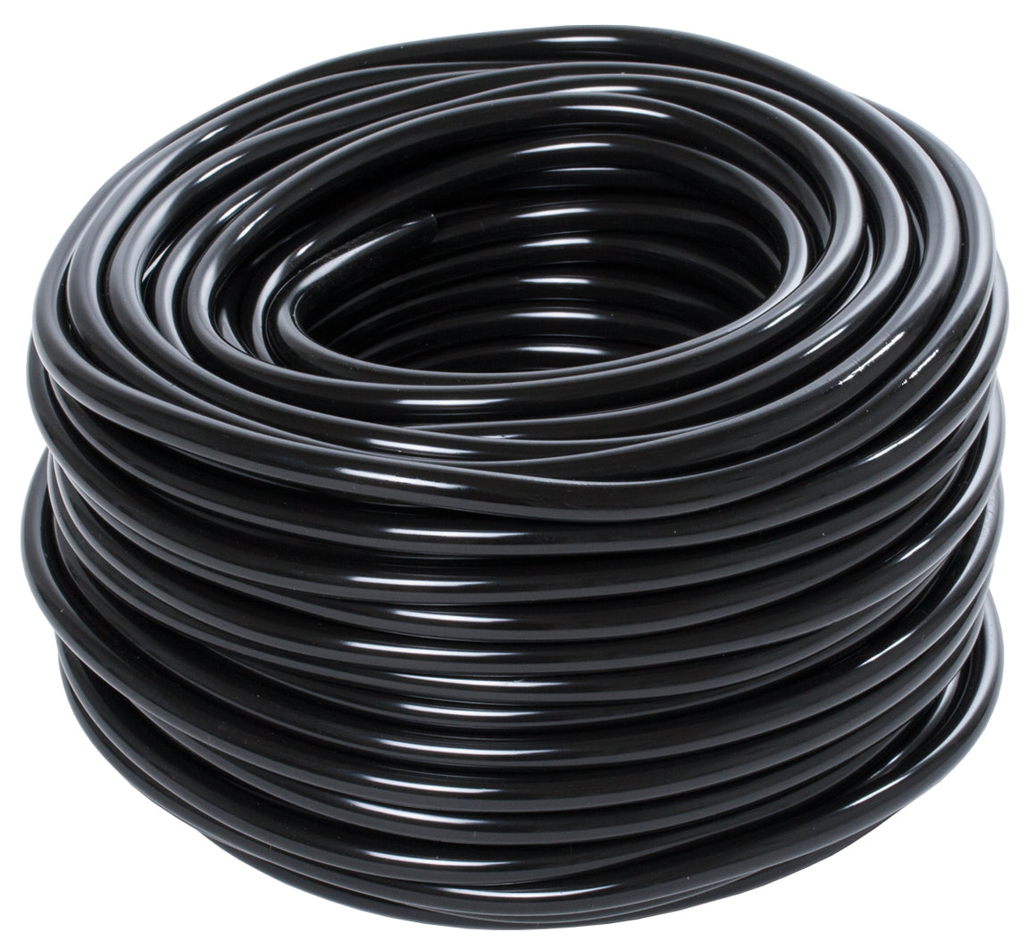 Coiled black tubing, a common hydroponic or aquarium accessory.