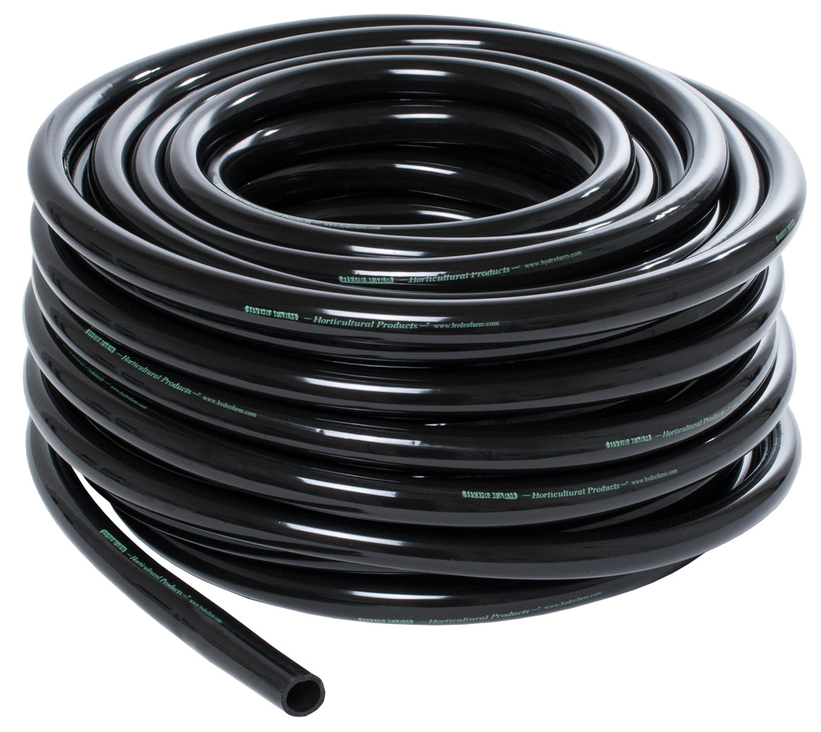 Black coiled tubing with text "Horticultural Products - www.hydrofarm.com" printed on it.