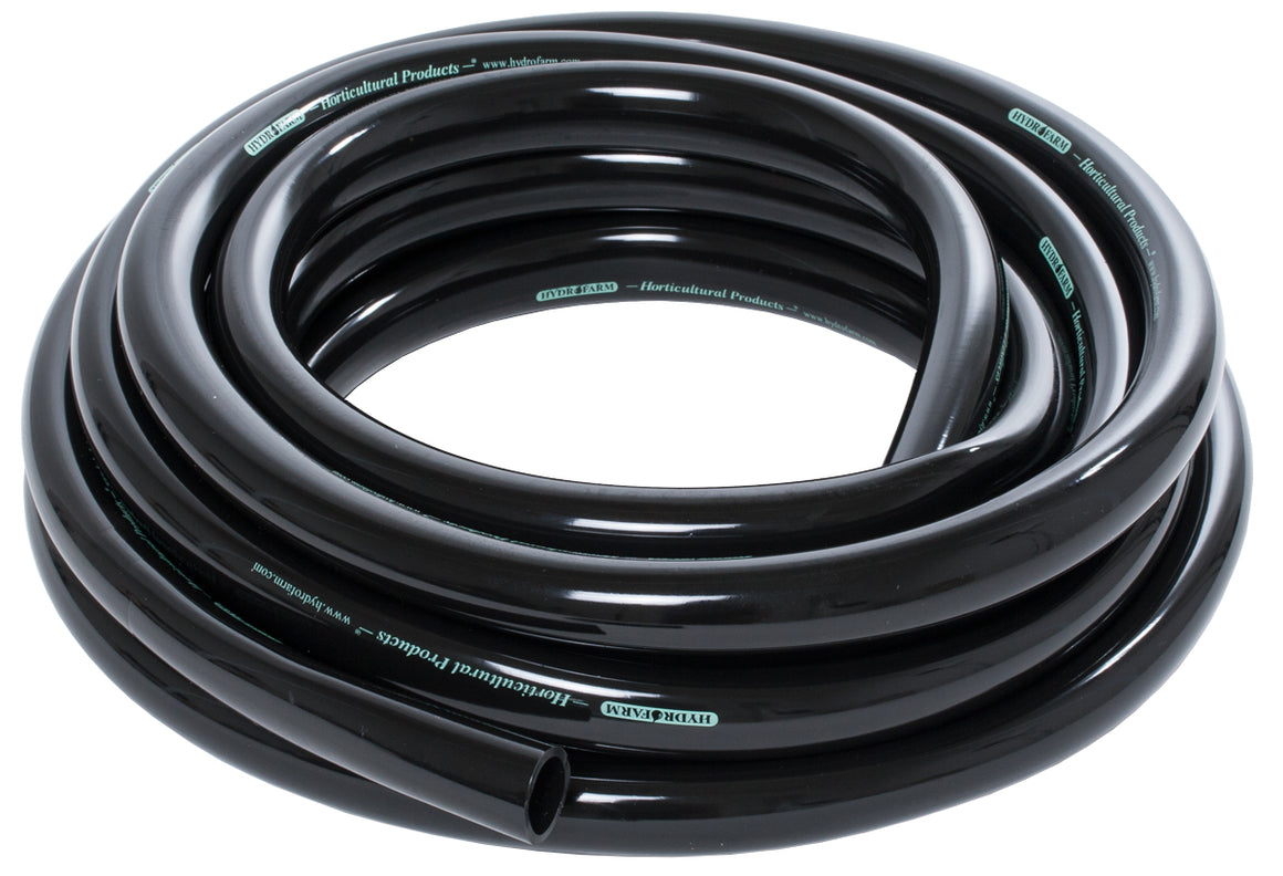 Rolled black flexible tubing with "HYDR-FARM Horticultural Products" branding.