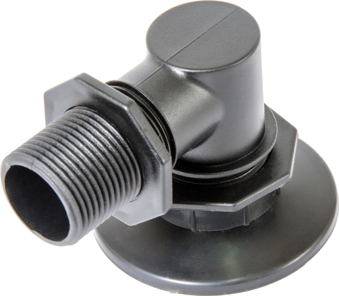 Black plastic pump adapter with threaded male connector and a wide, flat base.