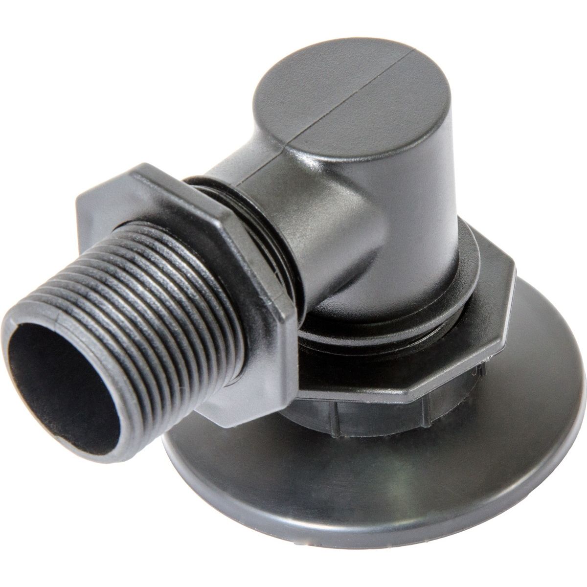 Black plastic pump adapter with threaded male connector and a wide, flat base.
