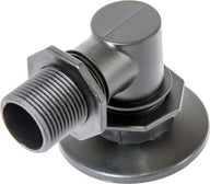 Black plastic pump adapter with threaded male connector and a wide, flat base.