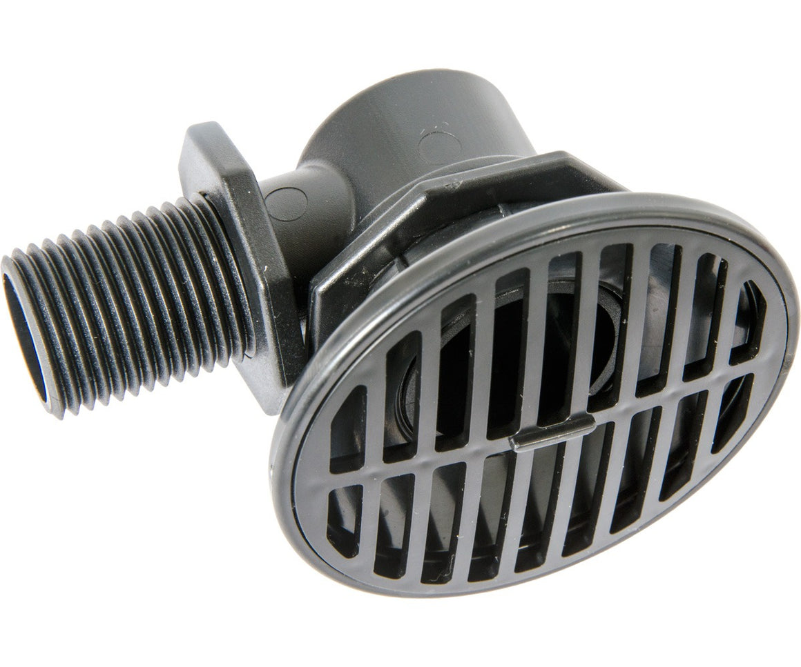 Black plastic pump adapter with threaded inlet and grill outlet.