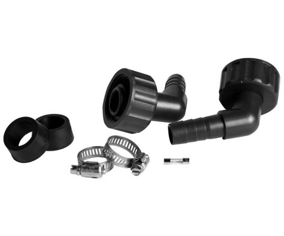 Black plumbing fittings, including elbows, hose clamps, and rubber adapters, on a white background.