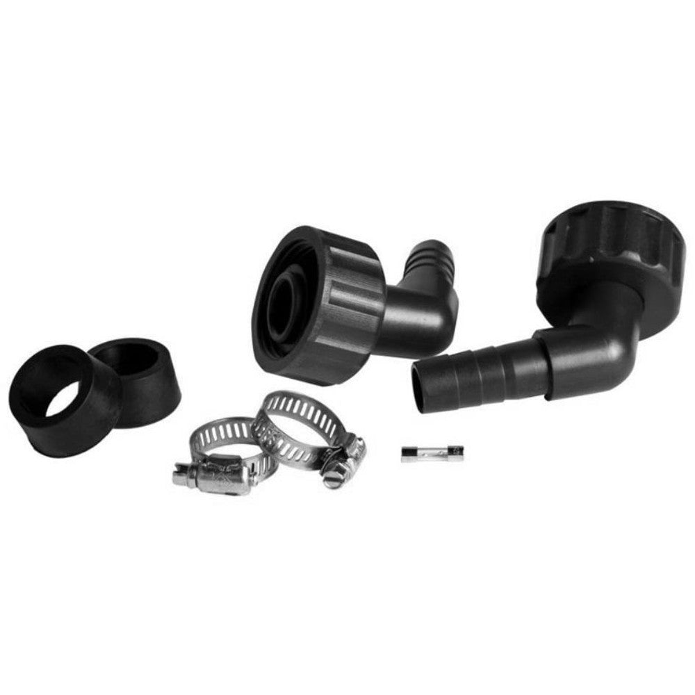 Black plumbing fittings, including elbows, hose clamps, and rubber adapters, on a white background.