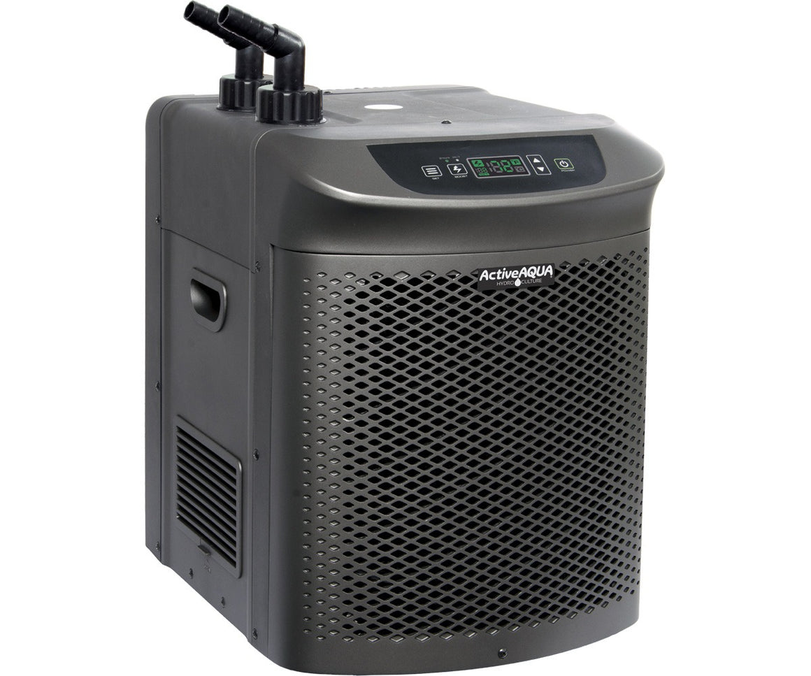 ActiveAqua water chiller with digital display and two angled hoses.