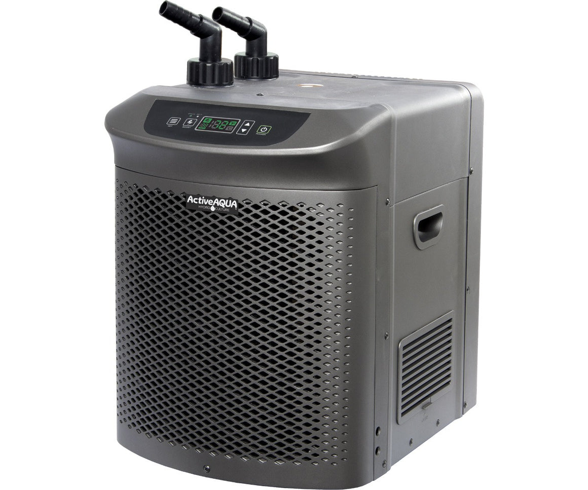 ActiveAqua chiller with digital display, prominent mesh front, and water intake/outtake ports.