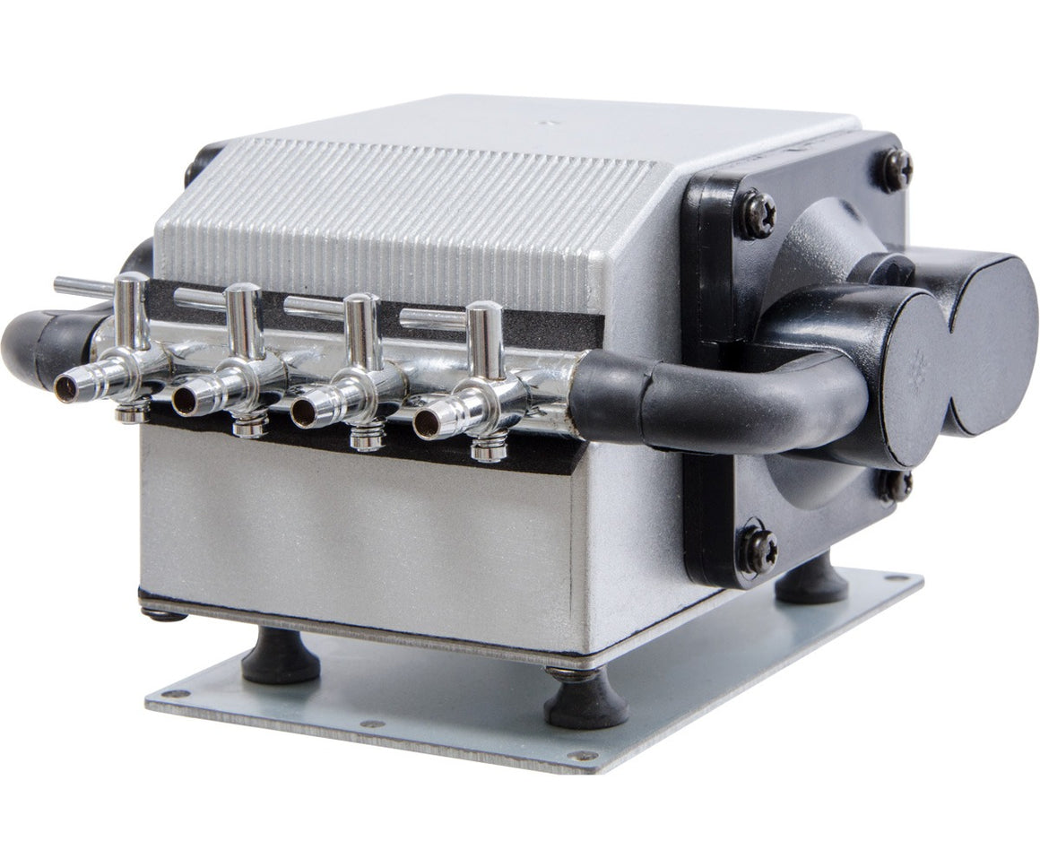 Dual diaphragm air pump with 4 outlets, silver and black casing, rubber feet on metal base.