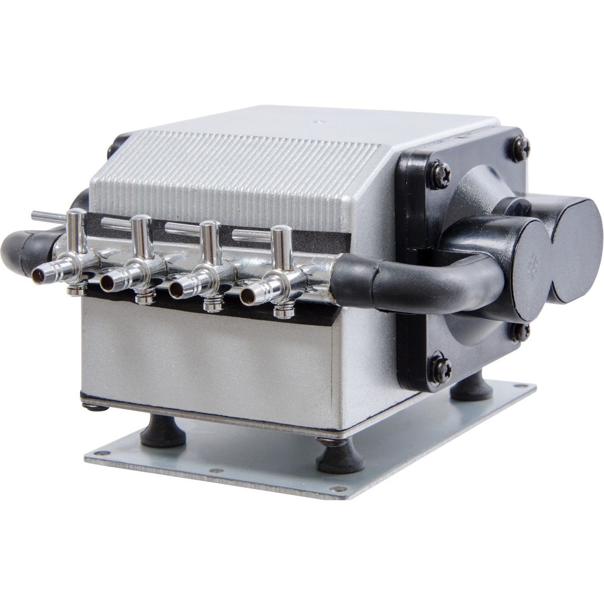 Dual diaphragm air pump with 4 outlets, silver and black casing, rubber feet on metal base.