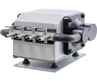 Dual diaphragm air pump with 4 outlets, silver and black casing, rubber feet on metal base.