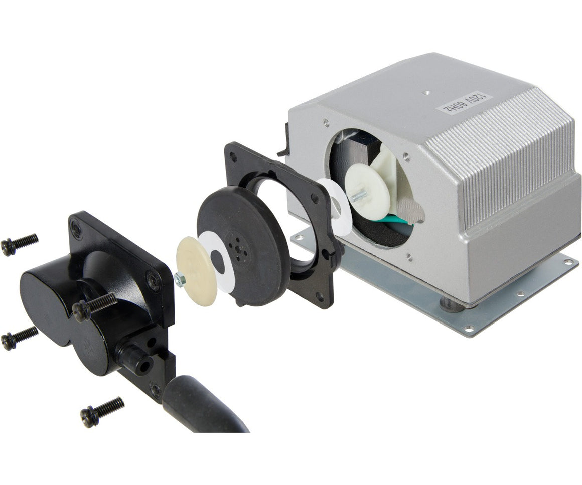 Exploded view of a dual diaphragm air pump motor and housing with screws.