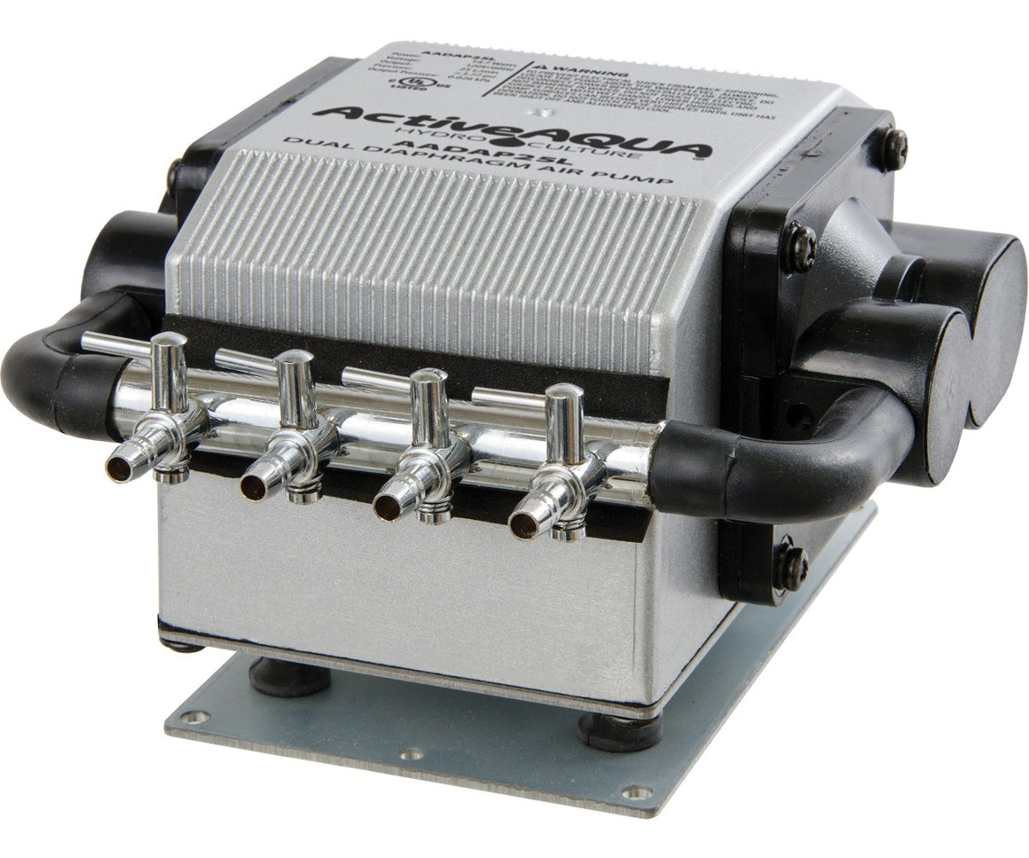 ActiveAqua dual diaphragm air pump with four outlets and rubber feet on a metal base.