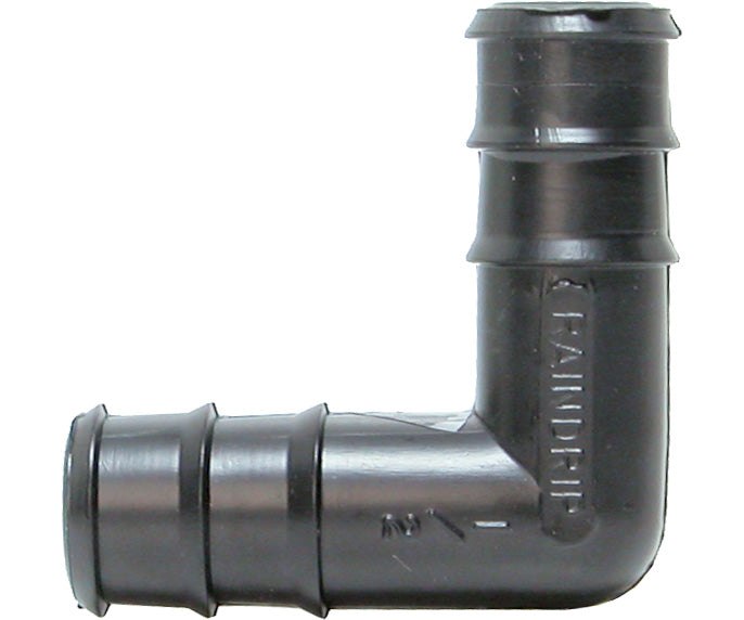 Black 90-degree elbow connector with ribbed ends and "RAINDRIF" logo, for irrigation tubing.