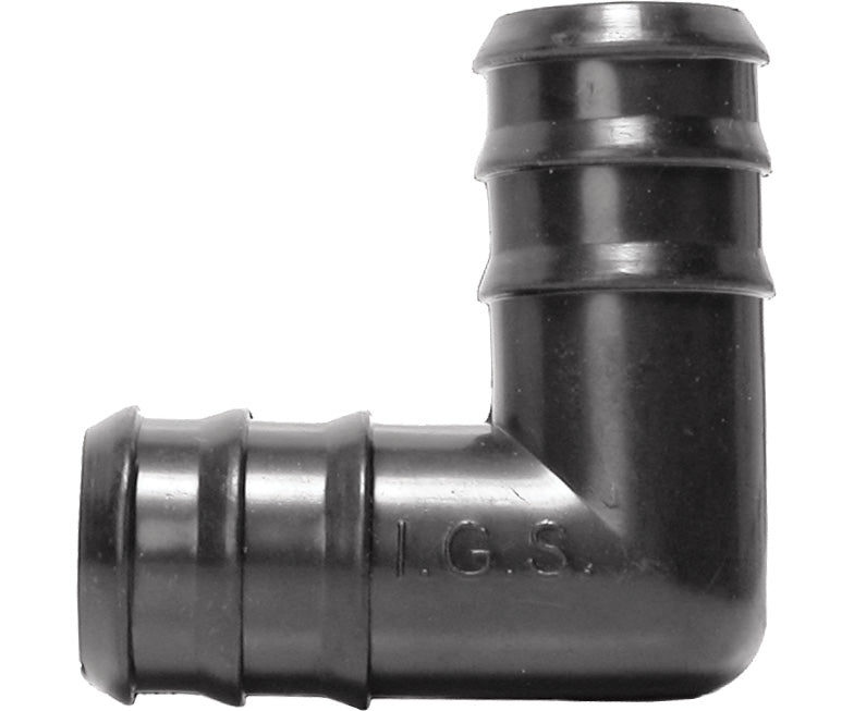 Black elbow connector with ribbed ends and "I.G.S." marking.