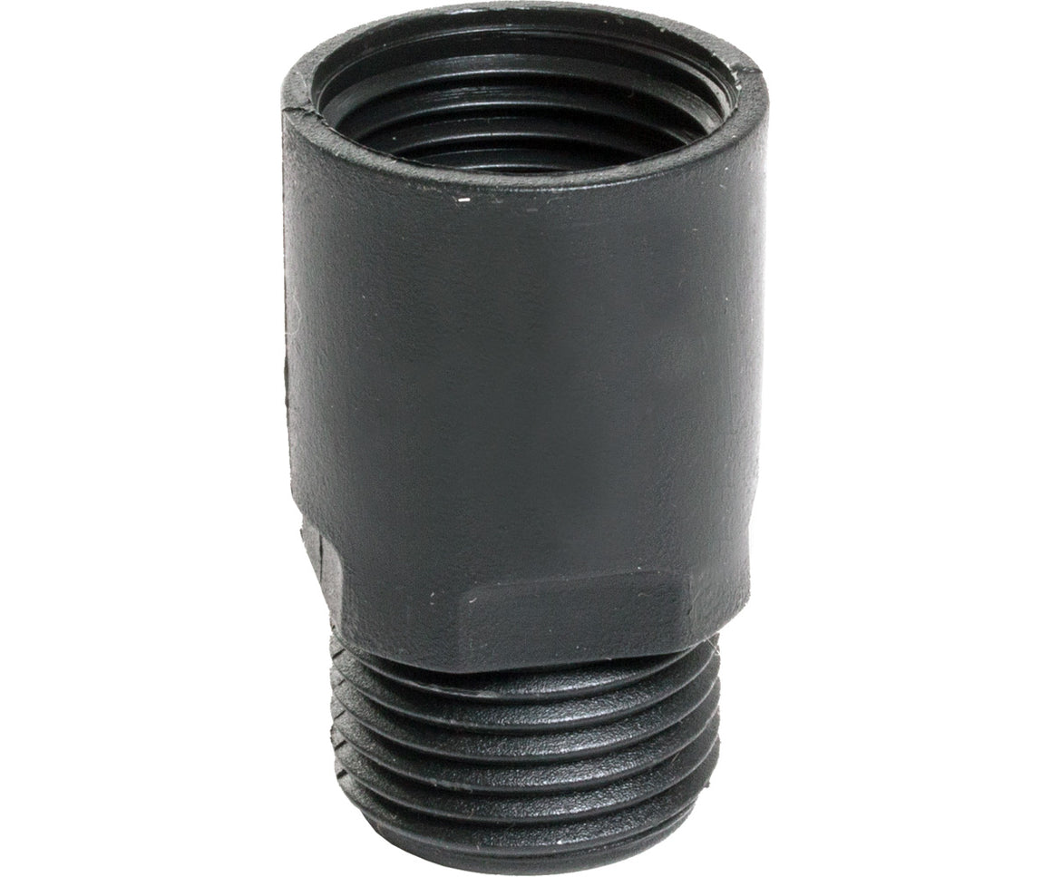 Black pipe fitting with male threads at one end and female threads at the other.