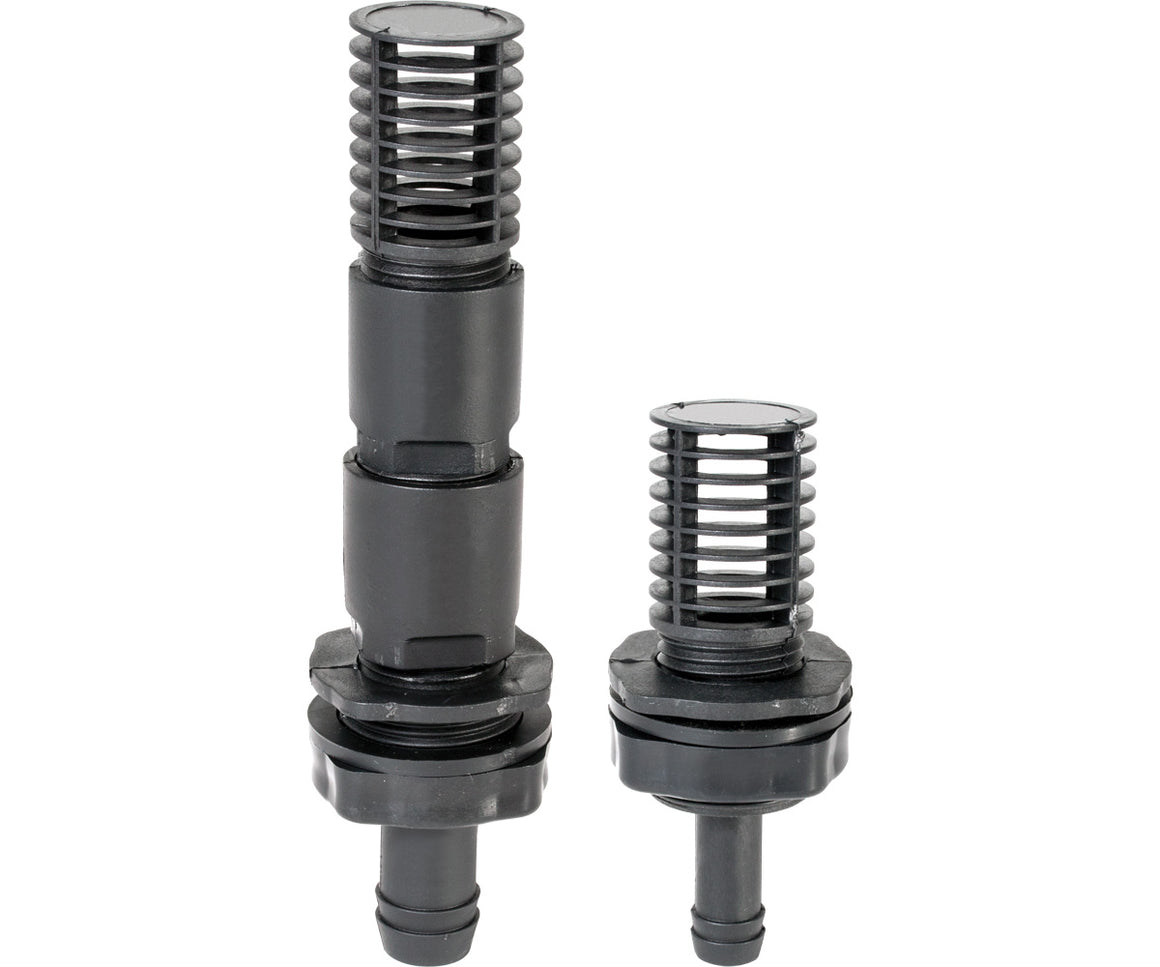 Black plastic foot valve with grate and hose barb, one taller than the other.