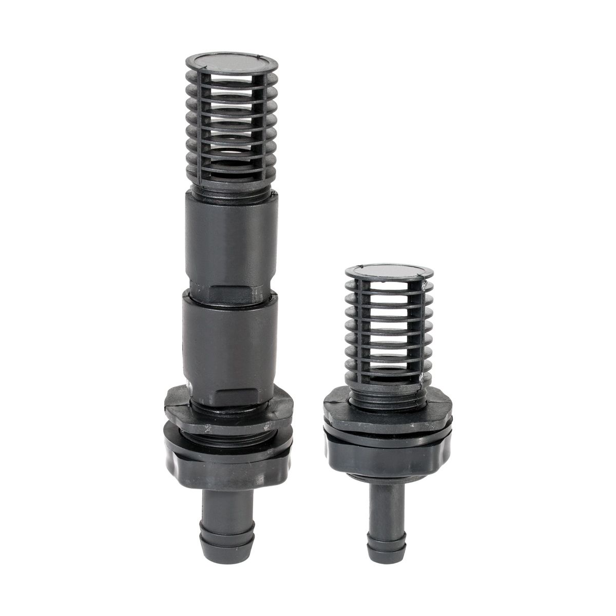Black plastic foot valve with grate and hose barb, one taller than the other.