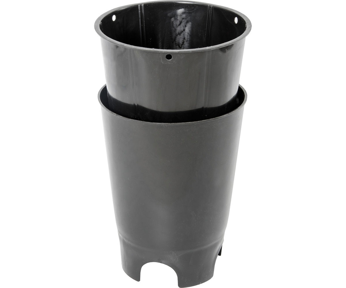Black plastic outer bucket with cutouts at the base, nested inside a smaller black pot.