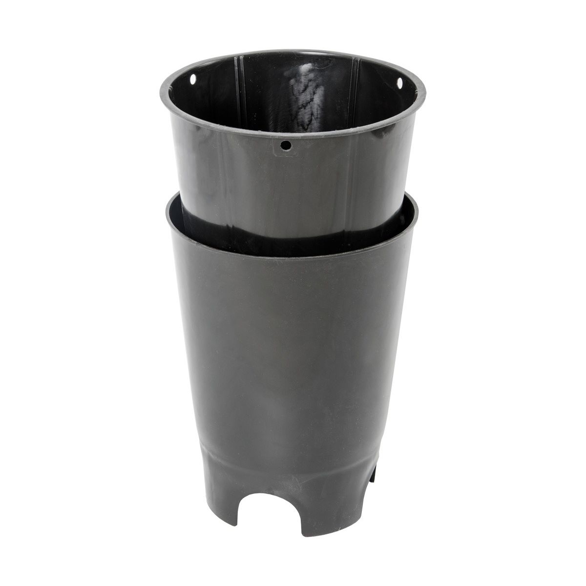 Black plastic outer bucket with cutouts at the base, nested inside a smaller black pot.