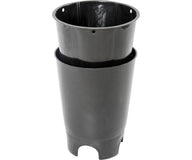 Black plastic outer bucket with cutouts at the base, nested inside a smaller black pot.