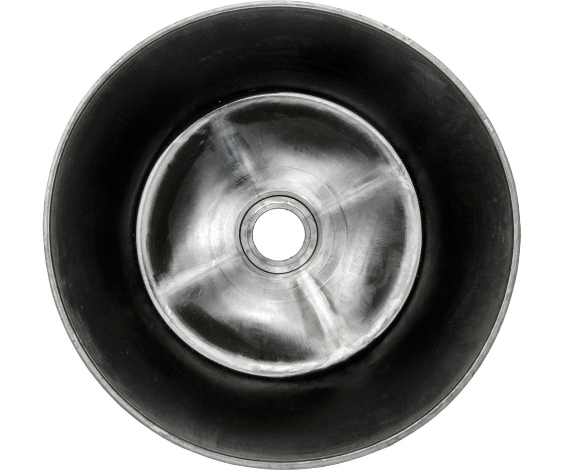 Top view of a 2-gallon black grow flow expansion outer bucket with a silver inner cone and center hole.