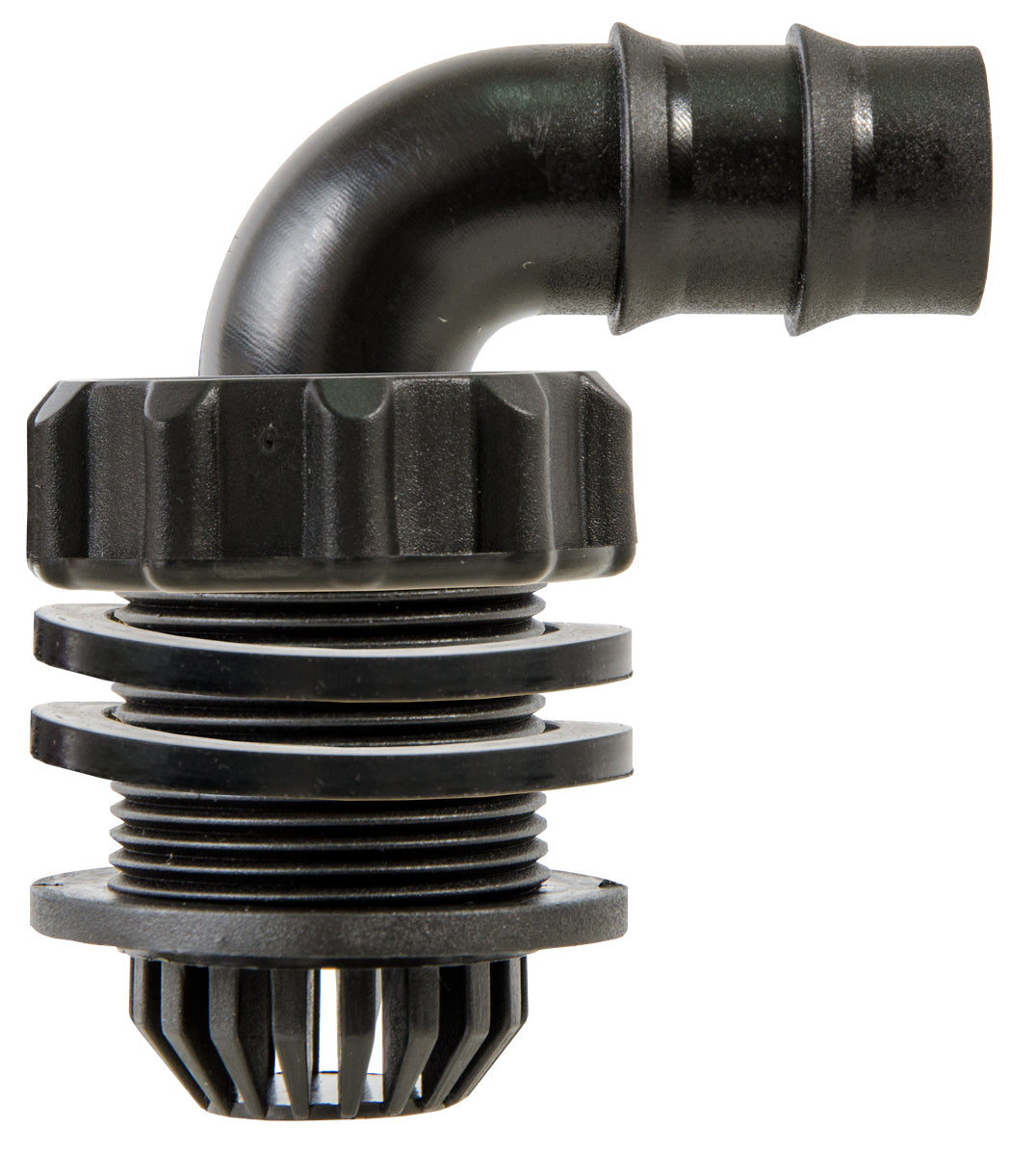 Black plastic elbow fitting with threaded base and multiple washers, isolated on white.