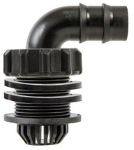 Black plastic elbow fitting with threaded base and multiple washers, isolated on white.