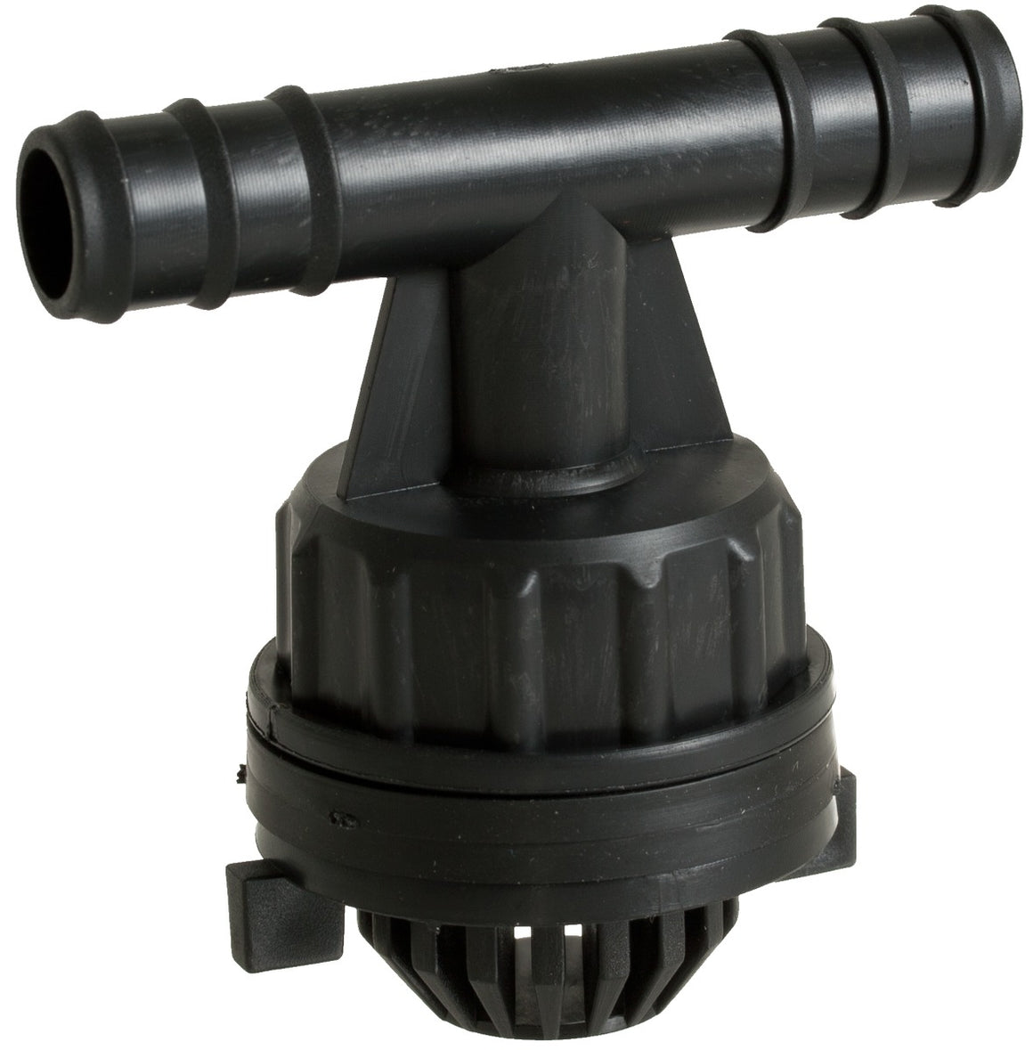 Black plastic tee fitting with a filter attachment for a water pump system.