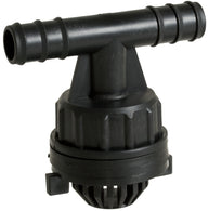 Black plastic tee fitting with a filter attachment for a water pump system.