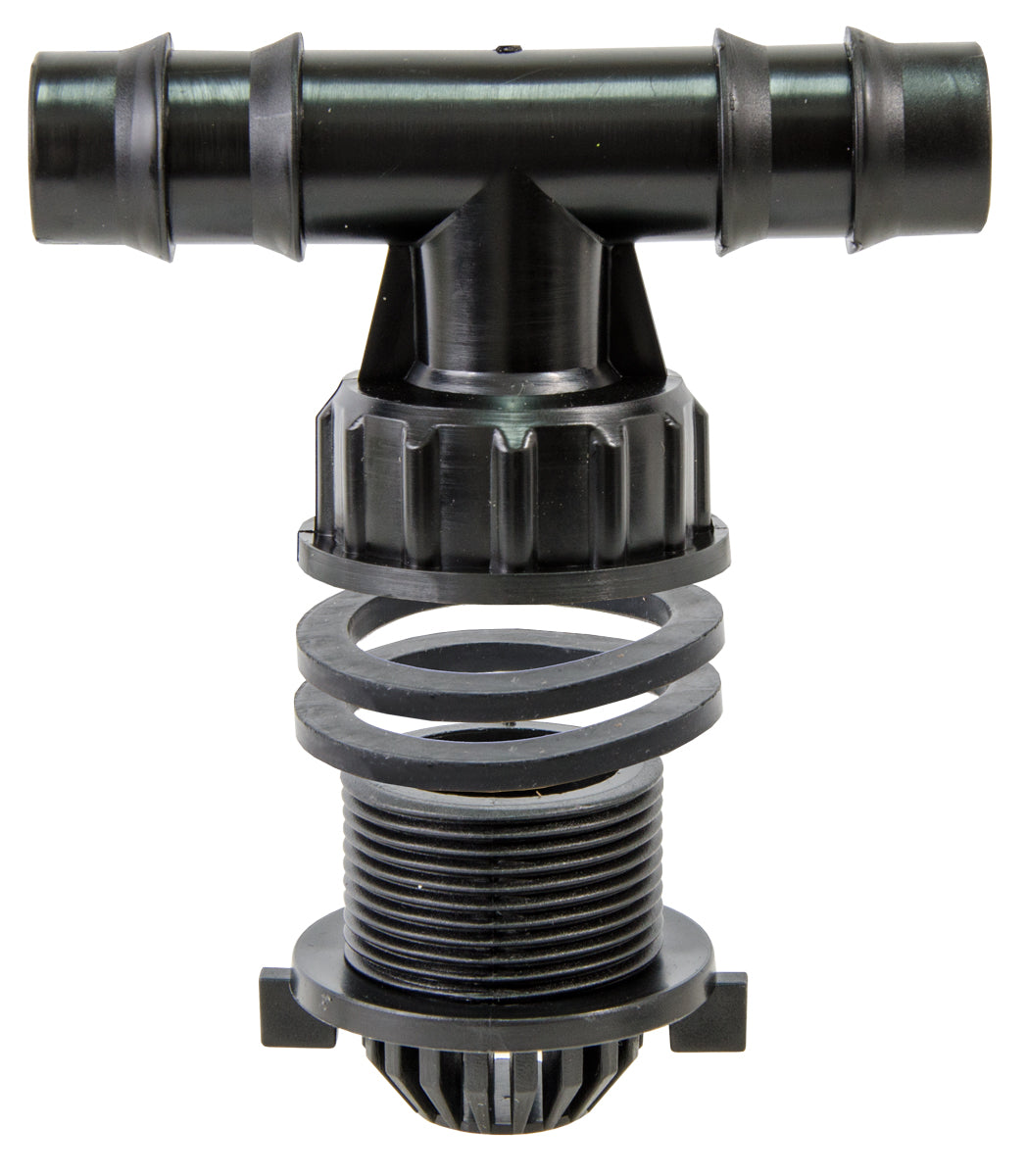 Black plastic irrigation tee fitting with barbed connectors, threaded nipple, seals, and screened base.