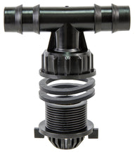 Black plastic irrigation tee fitting with barbed connectors, threaded nipple, seals, and screened base.