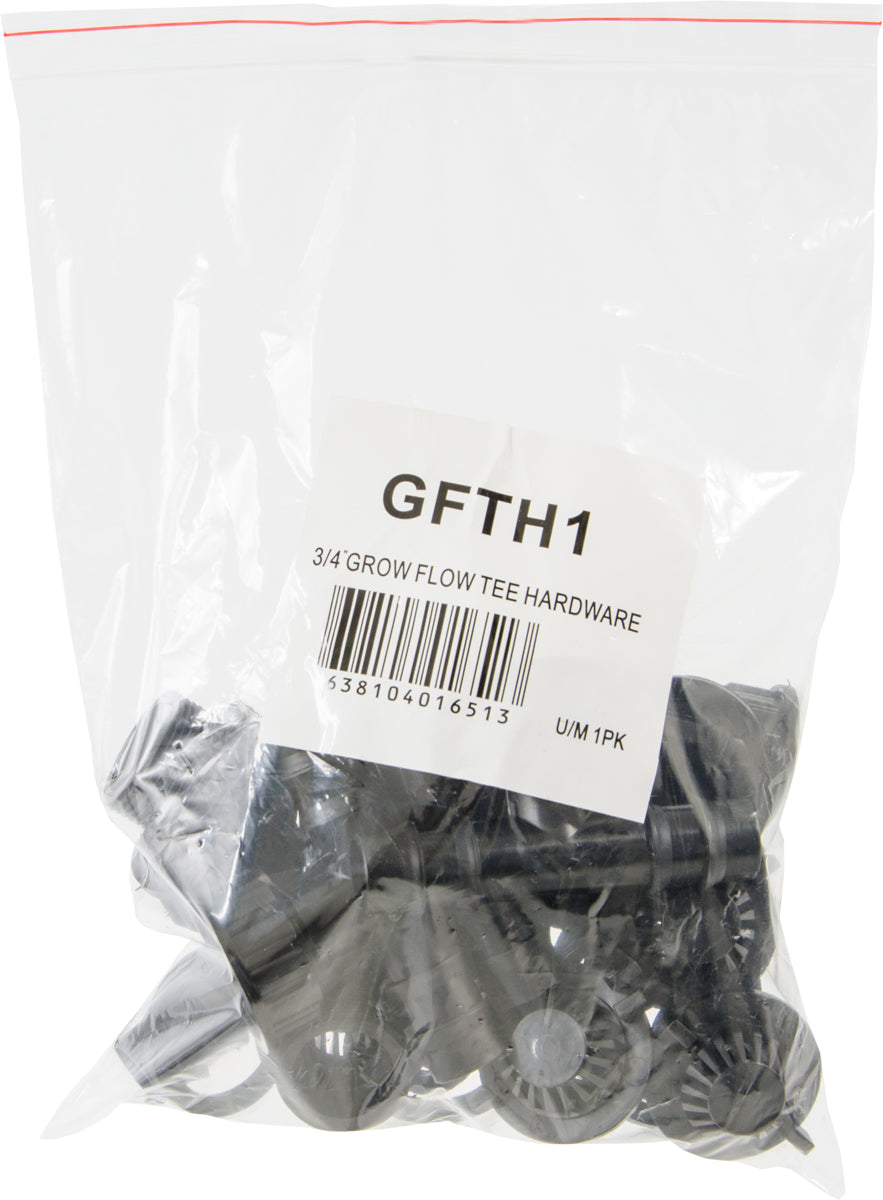 Black plastic Grow Flow tee hardware kit with label reading "GFTH1 3/4" GROW FLOW TEE HARDWARE".