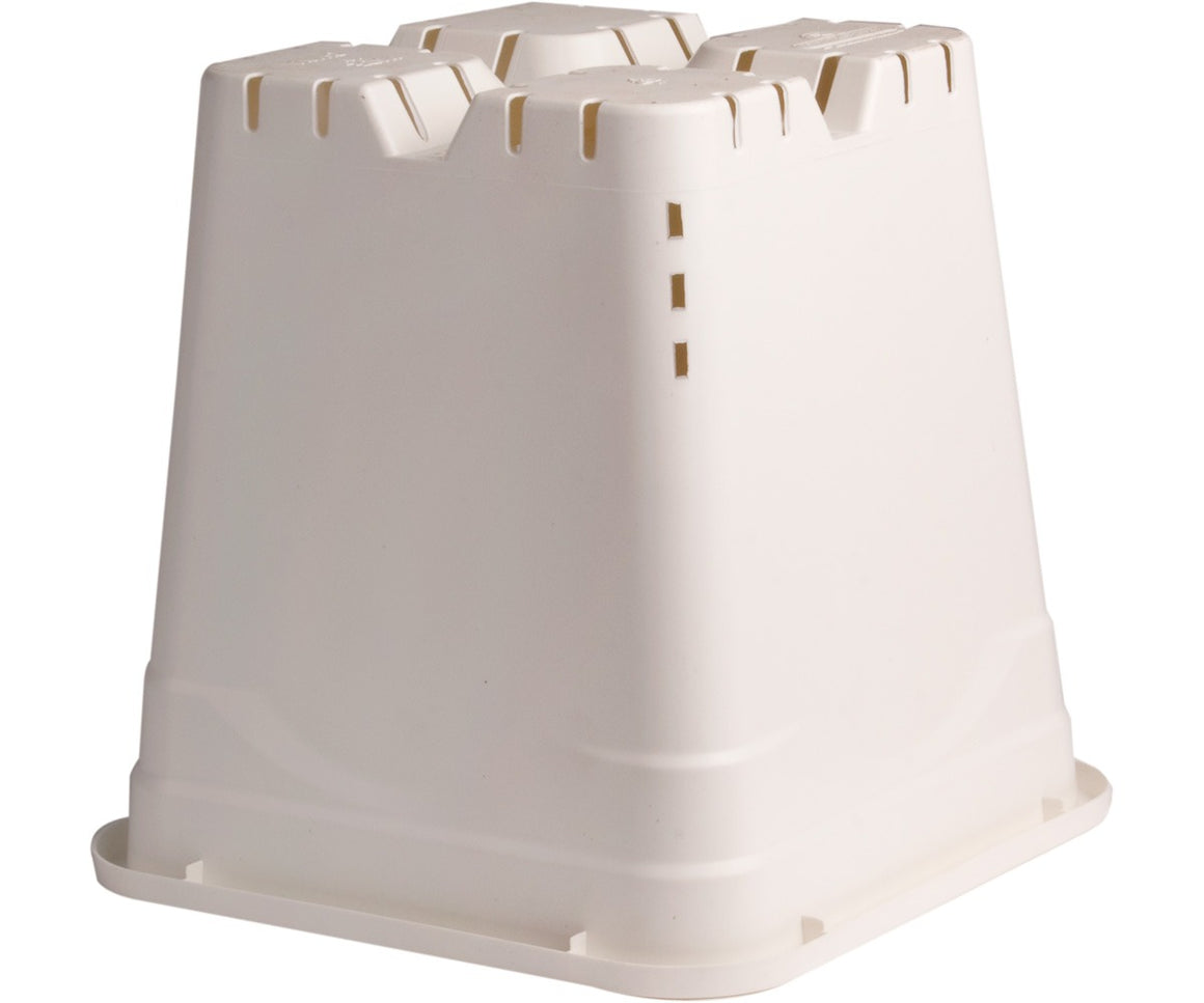 White square grow pot with drainage slots and a flared base.