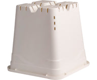 White square grow pot with drainage slots and a flared base.