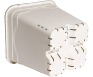 White plastic grow pot with drainage slits and square compartments on the bottom.